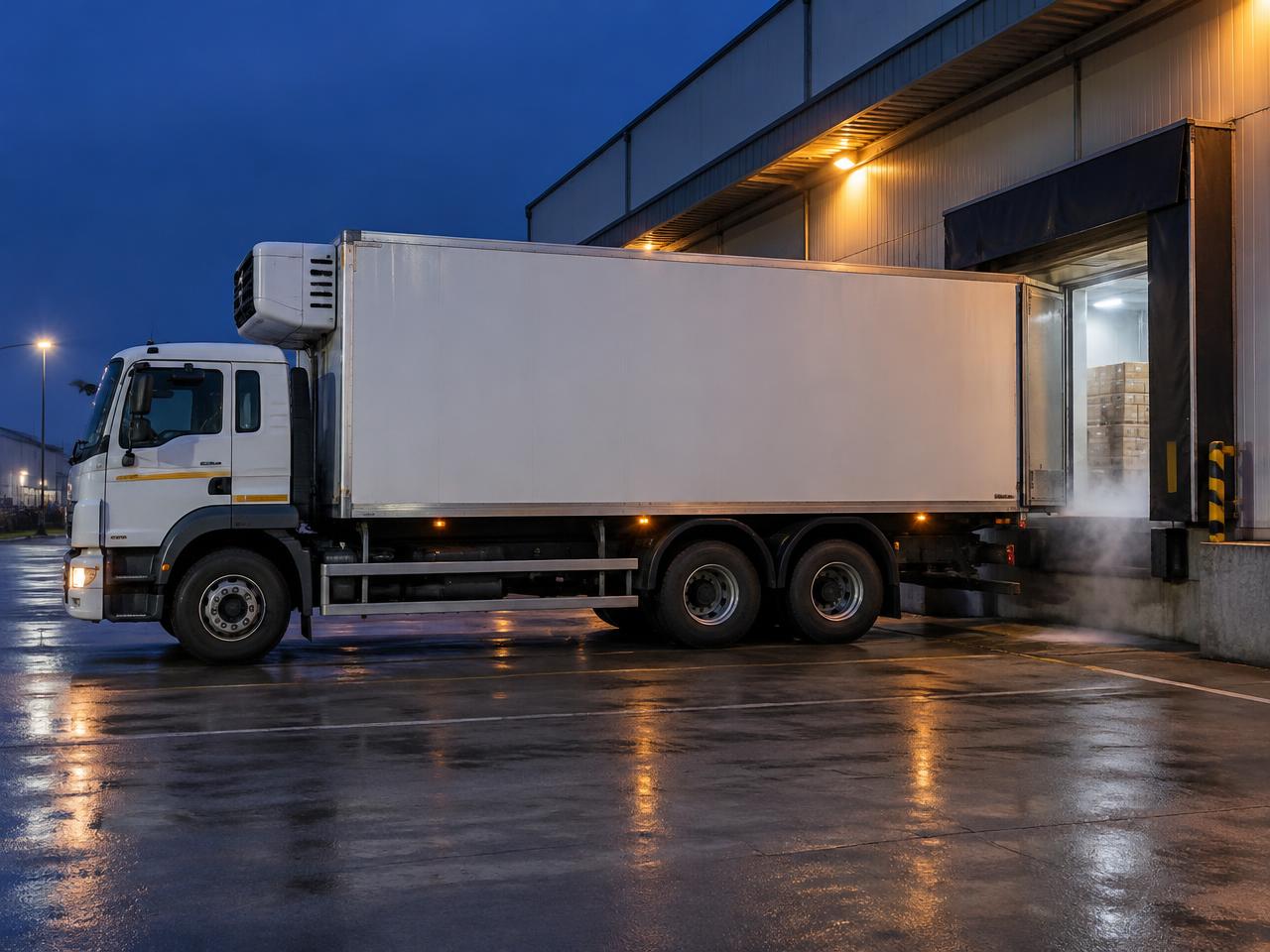 Refrigerated 10-wheeler truck reversed up to a cold storage loading dock