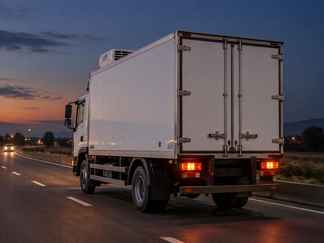 Refrigerated truck with rear locking doors on the highway at dusk