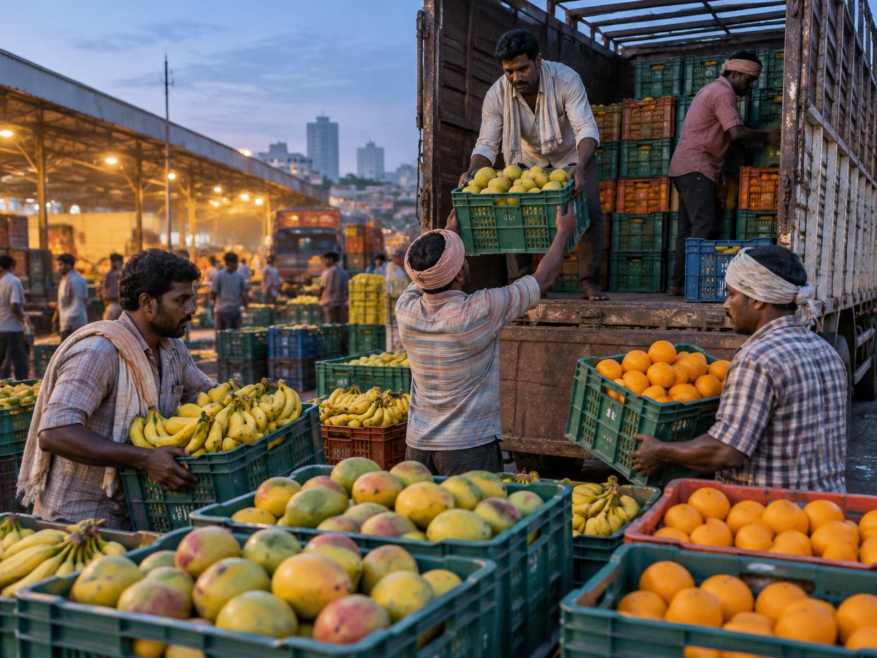 Crates of mangoes, bananas and oranges loaded onto a truck at a fruit market