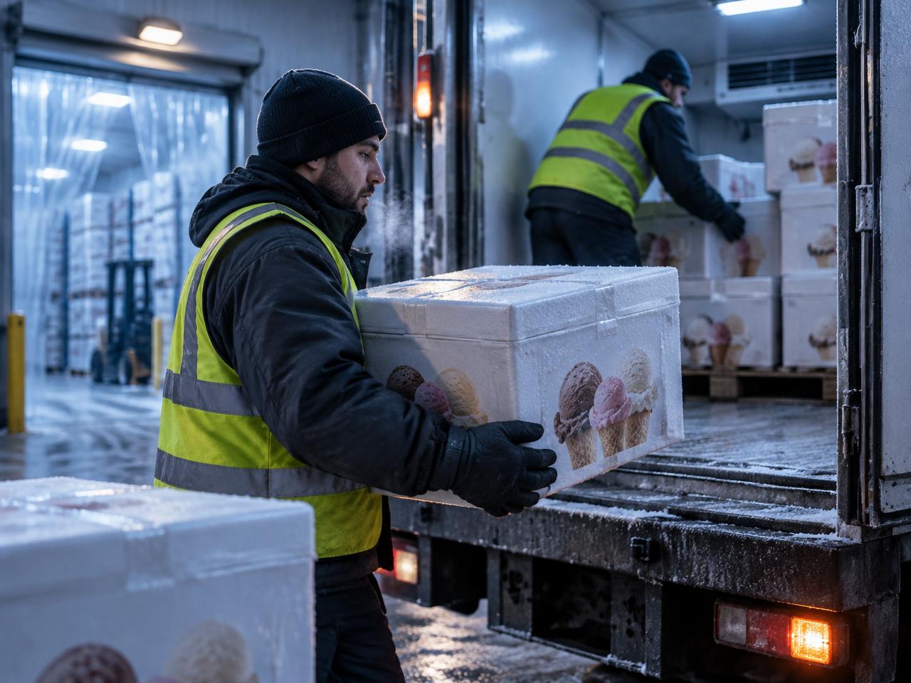 Ice cream cartons being loaded into a delivery truck at a cold storage dock